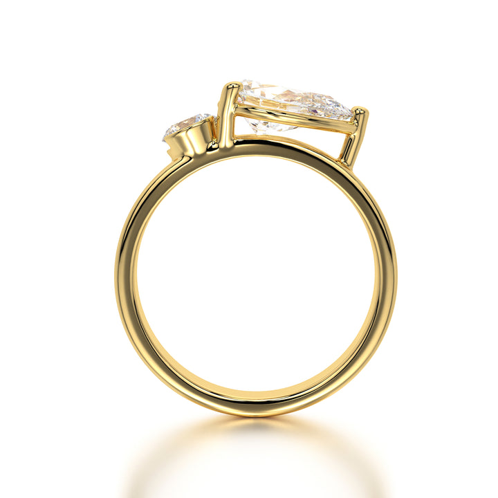 Two-Stone Diamond Bypass Ring in 18K Gold – Pear & Round Solitaire
