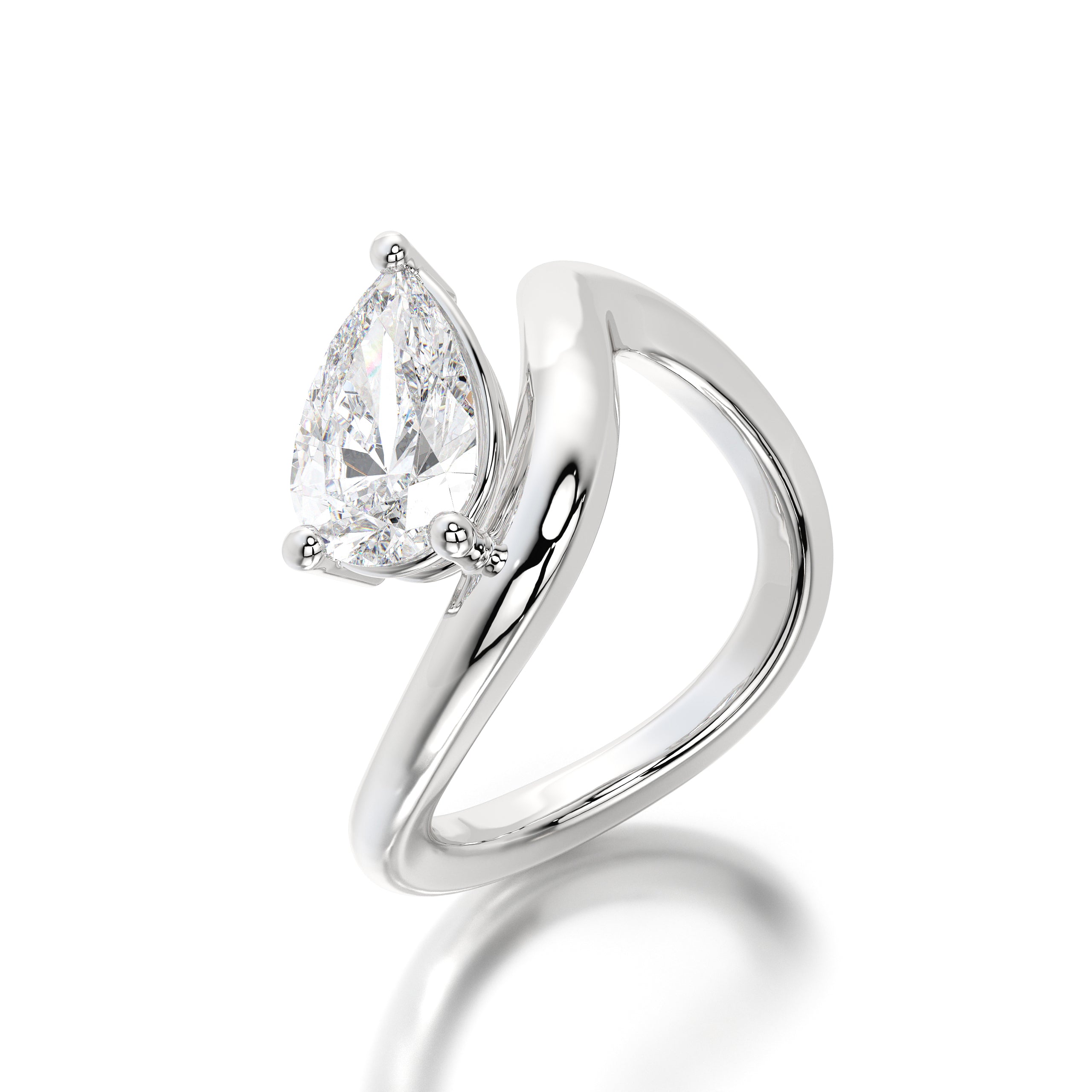 Top-down view of the sculptural solitaire ring emphasizing its sleek, fluid lines and expertly polished gold finish.