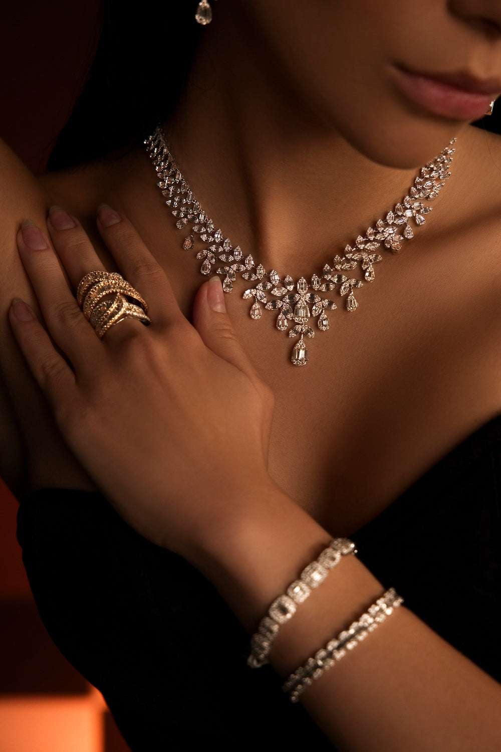 cascading diamond necklace for brides, fine jewelry necklace with pear drops, leaf design diamond necklace, handcrafted white gold diamond necklace