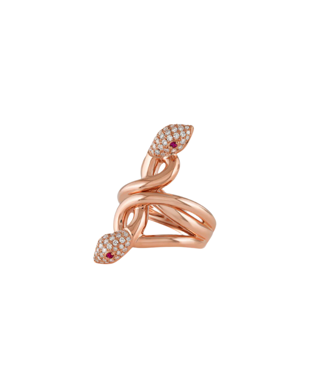 unique 18K gold serpent ring from best jewelry store in Dubai, EVA GEMS diamond ring with bold serpent design, exclusive snake wrap ring in rose gold with rubies and diamonds, luxury handcrafted ring from EVA GEMS Dubai, best custom diamond jewelry in Dubai by EVA GEMS