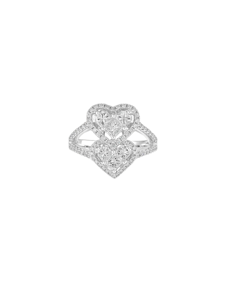 18K white gold heart diamond ring Dubai, double heart diamond ring EVA GEMS, 1.64 carat custom diamond ring, bespoke diamond engagement ring UAE, romantic diamond ring design Dubai
