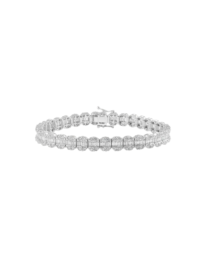 white gold diamond tennis bracelet Dubai, 18K baguette round cut bracelet EVA GEMS, 6.44 carat diamond bracelet UAE, luxury tennis bracelet with 277 diamonds, custom diamond bracelet Dubai, diamond jewelry EVA GEMS Dubai, elegant tennis bracelet UAE