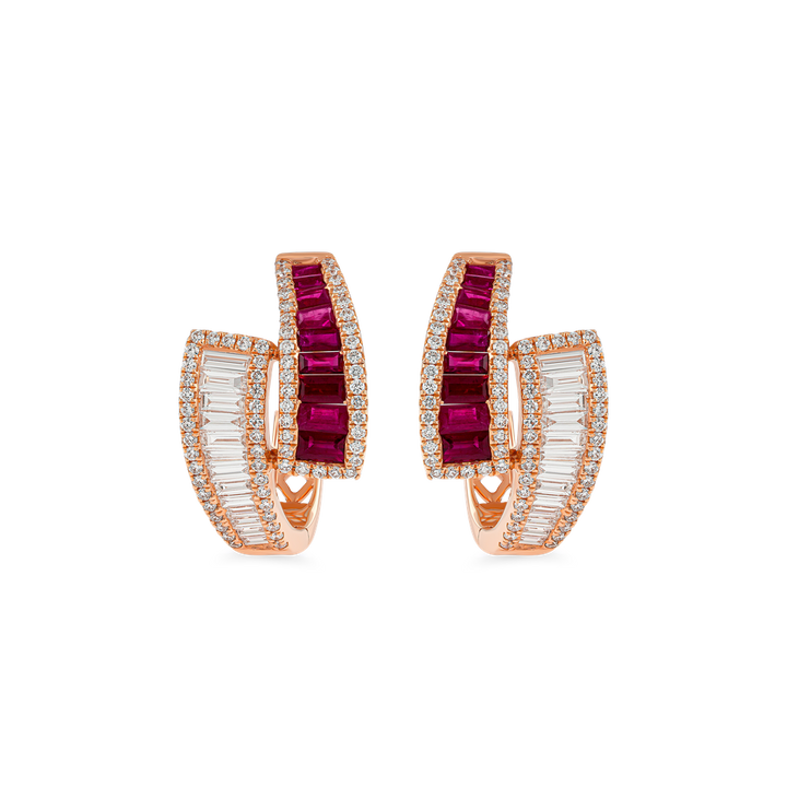 ruby and diamond hoop earrings, 18K rose gold gemstone earrings, luxury ruby earrings Dubai, baguette diamond hoop earrings, EVA GEMS ruby diamond jewelry, round and baguette diamond earrings, ruby channel set earrings, rose gold earrings with rubies and diamonds