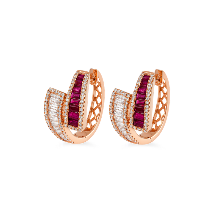 high-end gemstone earrings for women, statement ruby earrings in rose gold, bridal ruby diamond earrings, handcrafted gemstone hoop earrings, elegant evening earrings Dubai, luxury gemstone jewelry from EVA GEMS