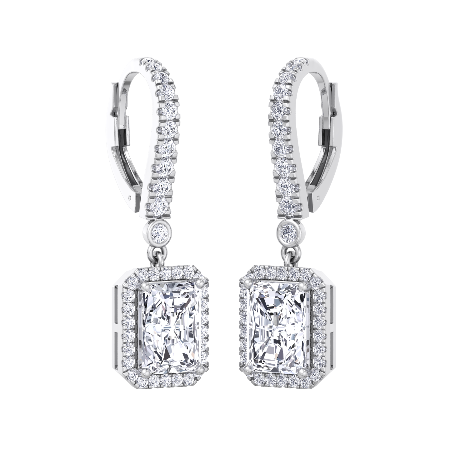Emerald cut diamond earrings in 18 karat gold hoops