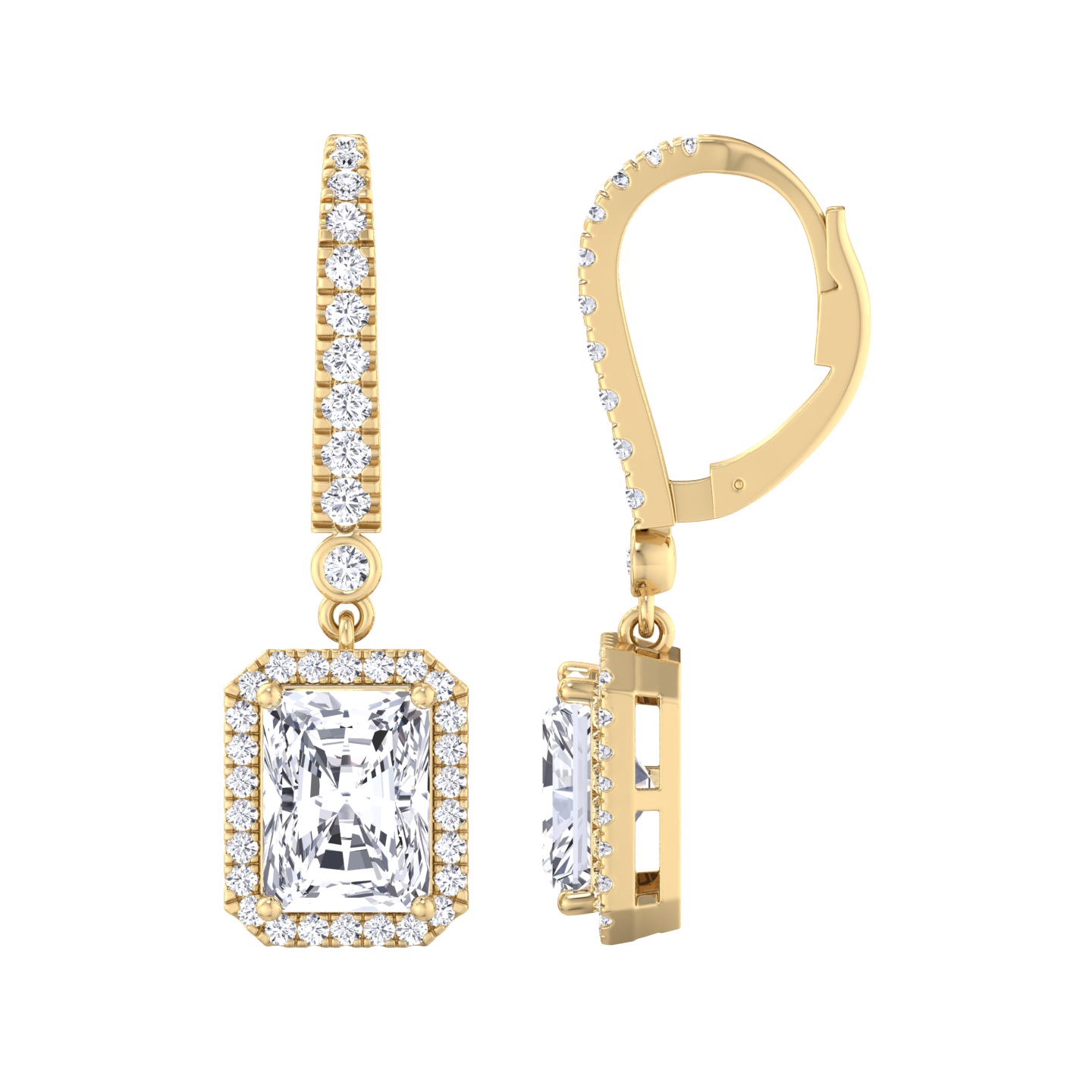 Emerald cut halo hoop earrings in 18 karat gold