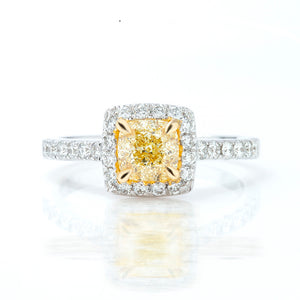1.54CTS CUSHION CUT FANCY YELLOW HALO ENGAGEMENT RING