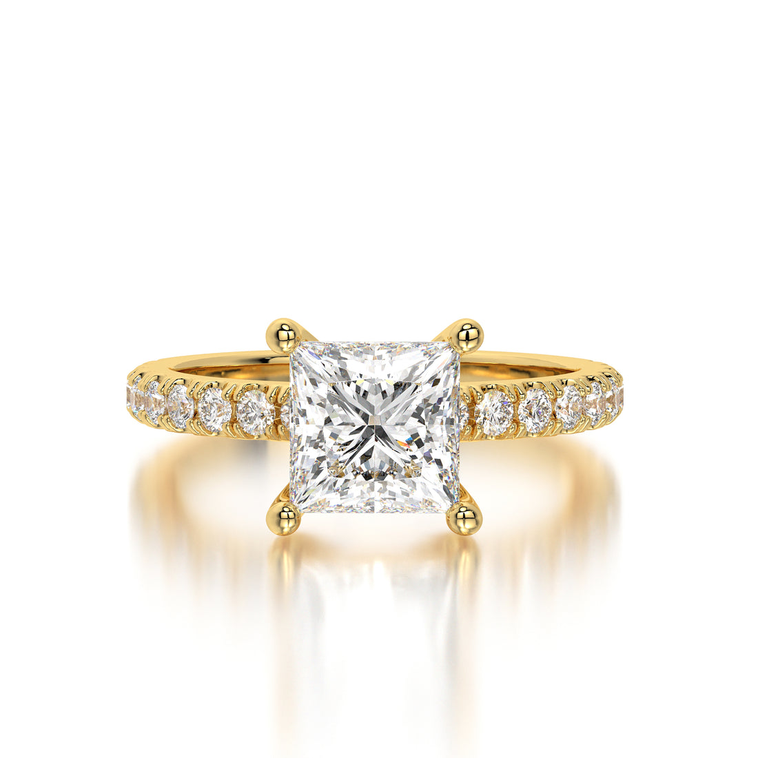 Front-facing image of a princess cut diamond engagement ring in 18K yellow gold, showcasing a 1.85 carat lab-grown solitaire with F color and VS1 clarity.