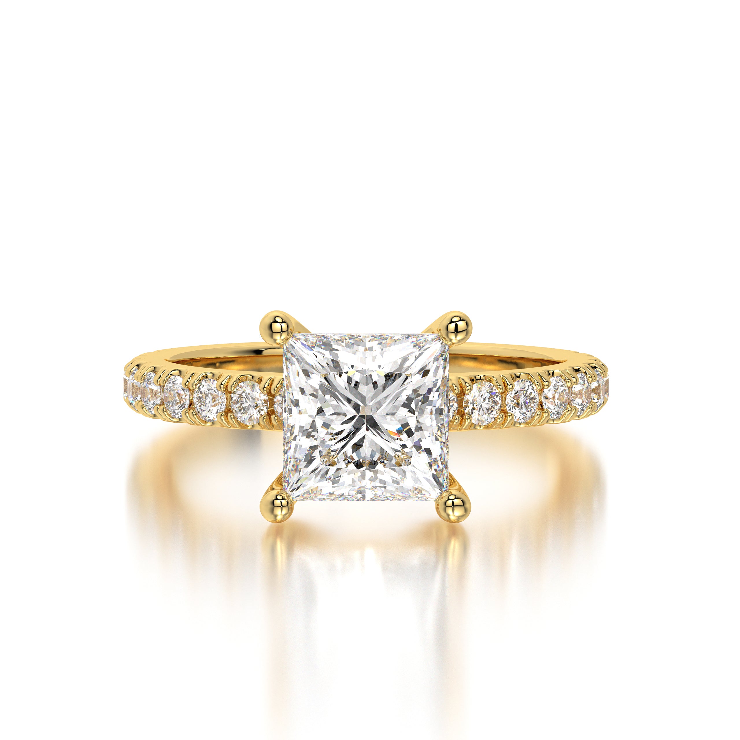Front-facing image of a princess cut diamond engagement ring in 18K yellow gold, showcasing a 1.85 carat lab-grown solitaire with F color and VS1 clarity.