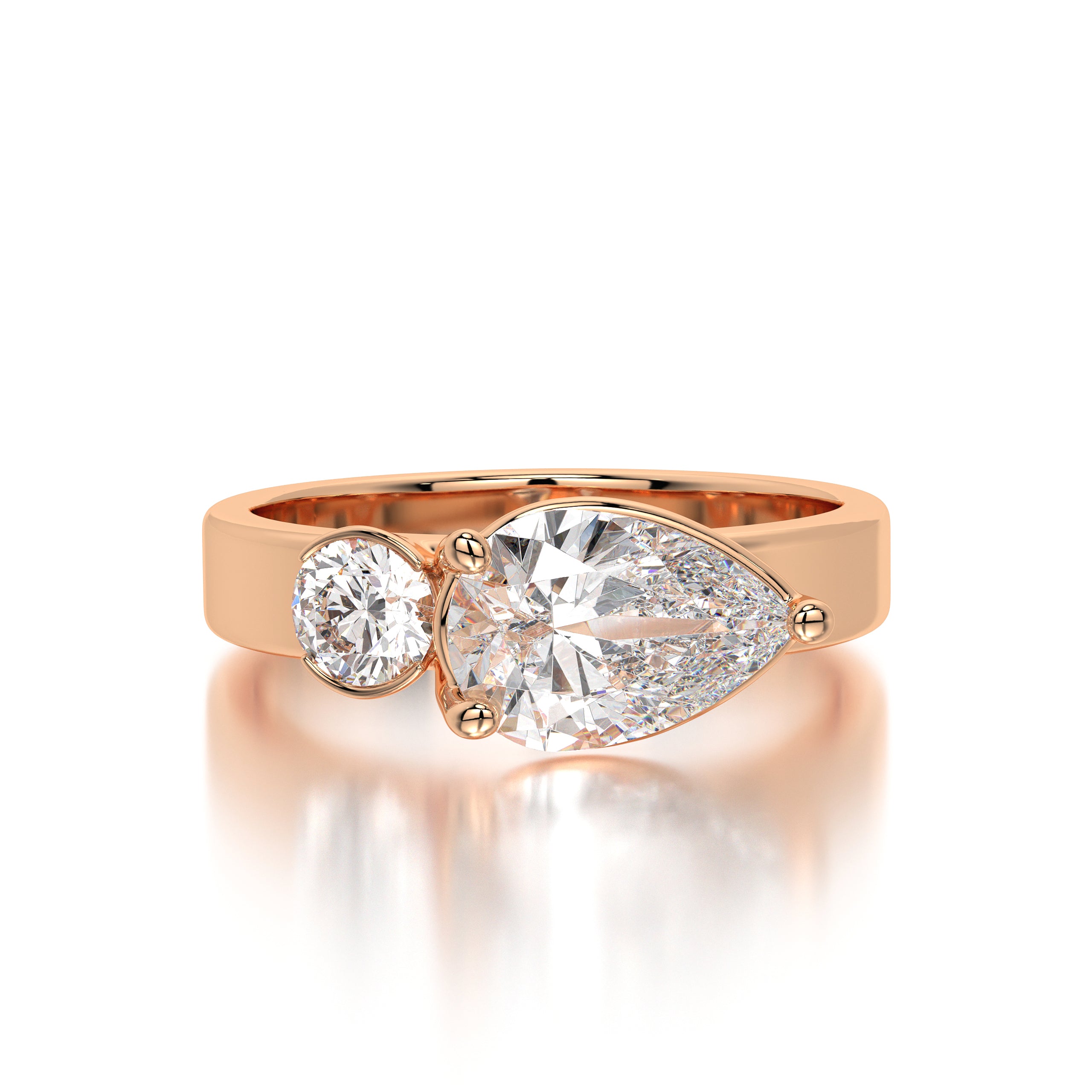 Side angle view of the bypass-style setting highlighting the modern Toi et Moi design. Overhead photo emphasizing the symmetry and polished finish of the yellow gold band