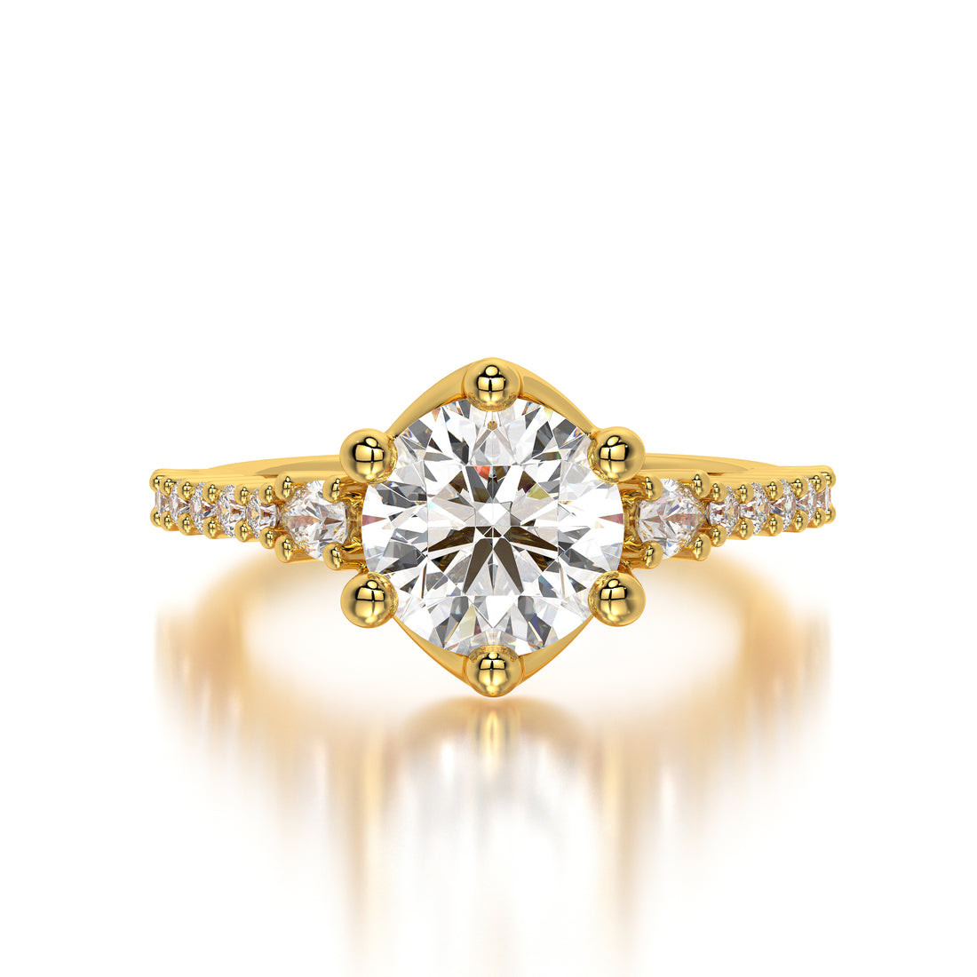 Close-up image of a 1.75 carat round lab-grown diamond engagement ring in 18K yellow gold, featuring a six-prong setting and brilliant-cut solitaire. Front view of the ring showcasing its sparkling 0.58 carats of side diamonds with VVS-VS clarity and F-G color.