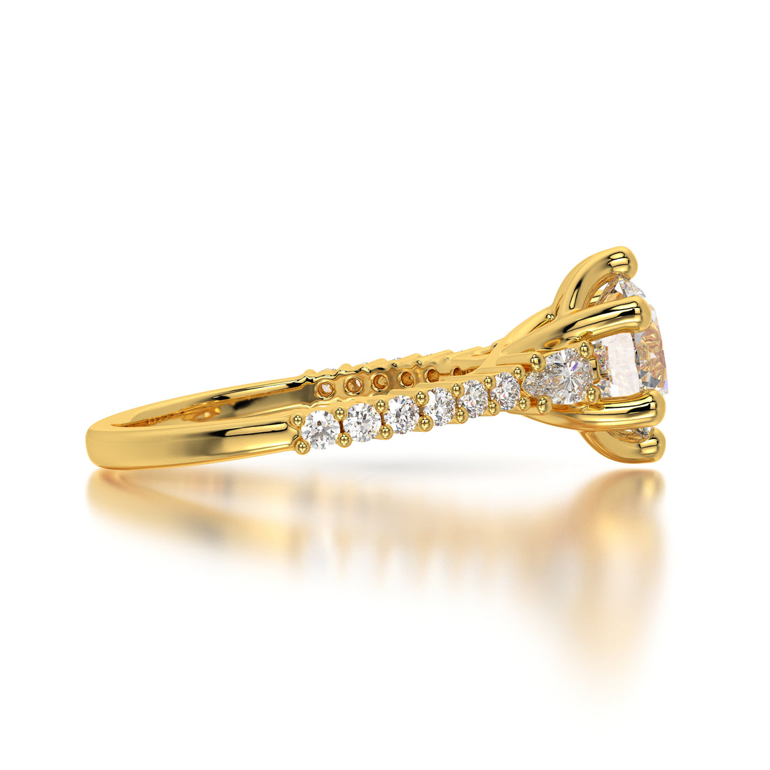 Angled shot highlighting the symmetry and craftsmanship of the gold band and prong details. Top-down photo of the ring emphasizing the brilliance of the center diamond with VVS2 clarity and F color.