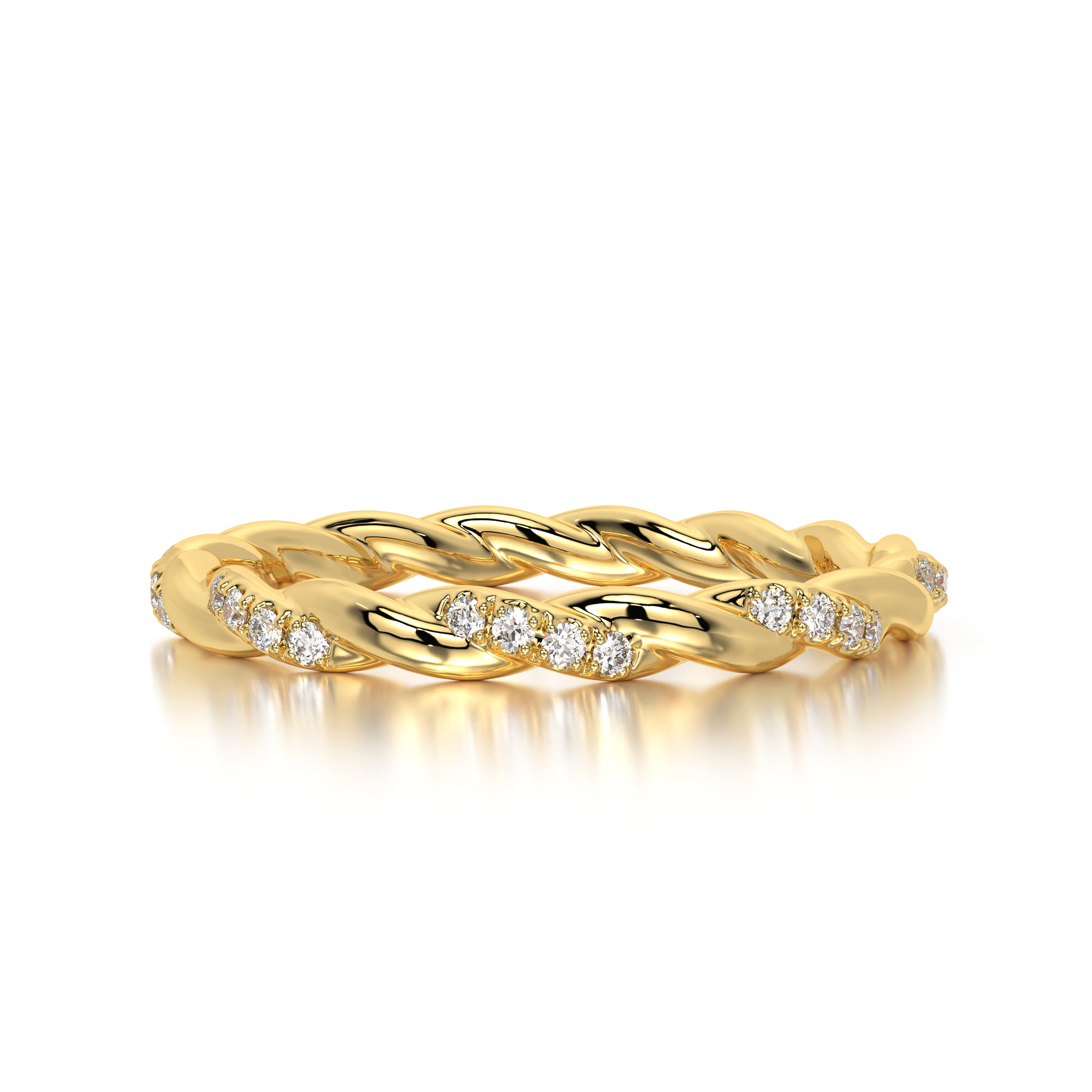 Detailed view of a twisted braided diamond ring crafted in 18K yellow gold, featuring brilliant-cut diamonds with F-G color and VVS-VS clarity. Angled photo showcasing the sculptural swirl pattern and approximately 0.85 carats of diamonds that flow seamlessly along the band.