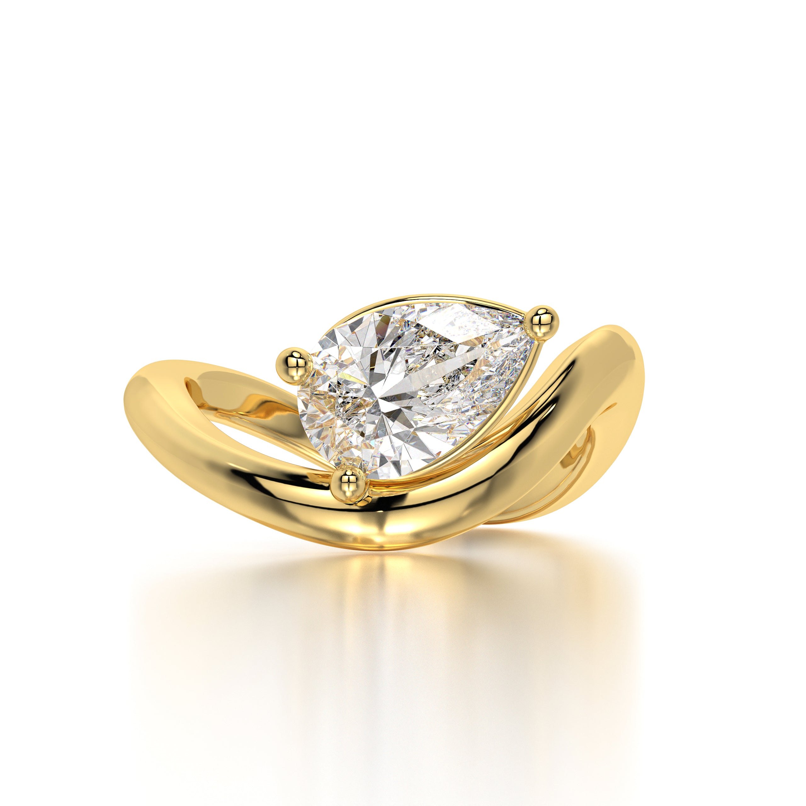 Lifestyle shot of the diamond engagement ring on a hand, highlighting how the unique open band design complements everyday and bridal wear. Artistic image of the ring against a white background, focusing on the sparkle and fire of the lab-grown pear diamond