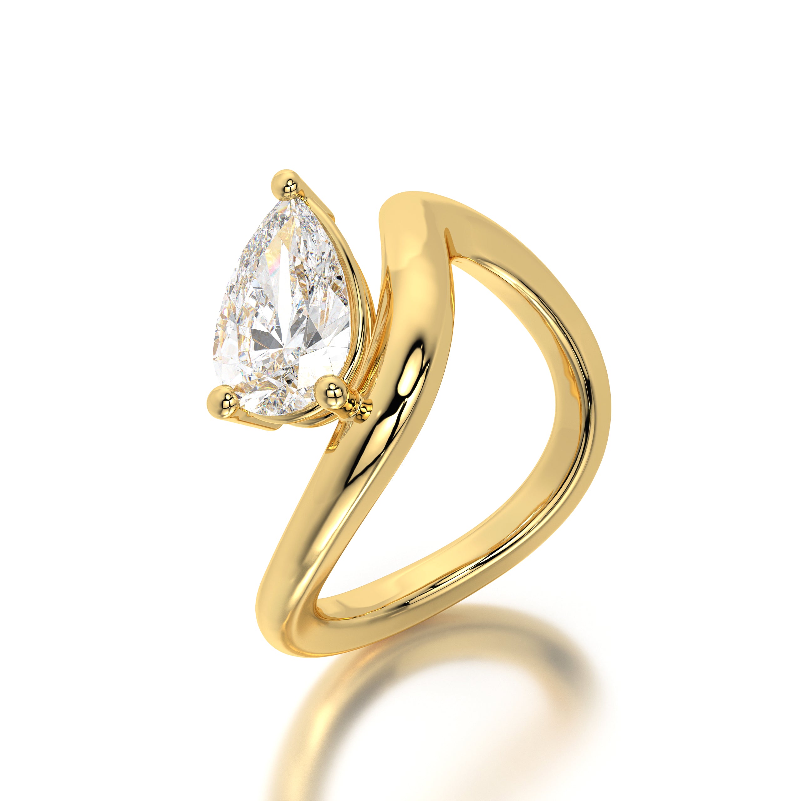 Close-up of a pear-shaped lab-grown diamond solitaire ring in 18K yellow gold, showcasing its brilliant VS1 clarity and E color grade. Side profile image of the modern bypass setting that wraps elegantly around the 1.54 carat diamond, reflecting contemporary luxury.