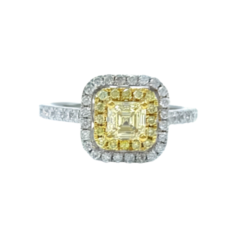 Cushion shape fancy yellow diamond ring