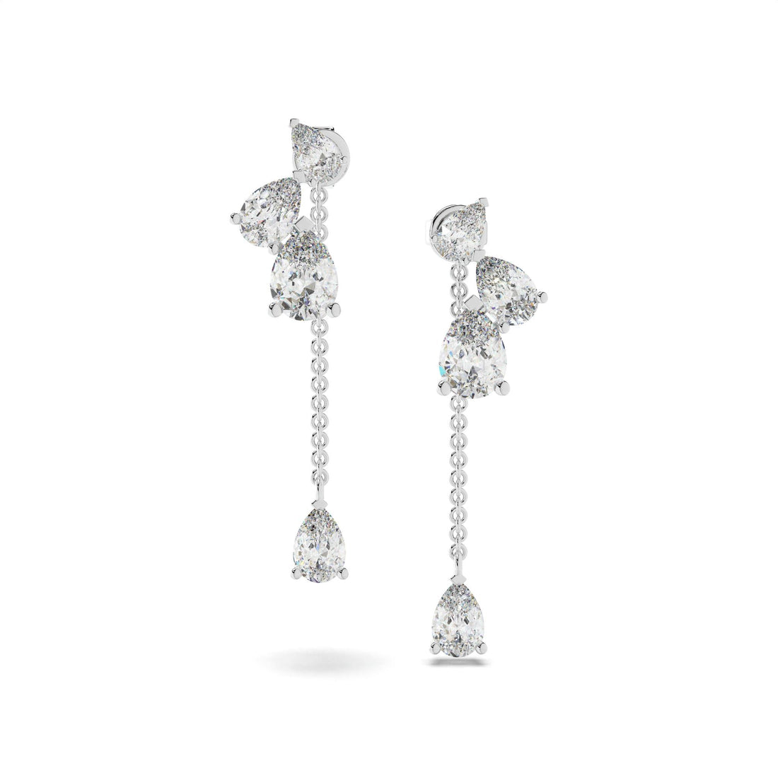 Premium pear cut diamond chain drop earrings luxury design, Sparkling natural diamond long drop earrings for women, Statement diamond dangle earrings with cascading pear diamonds, Fine diamond drop earrings luxury bridal jewelry piece