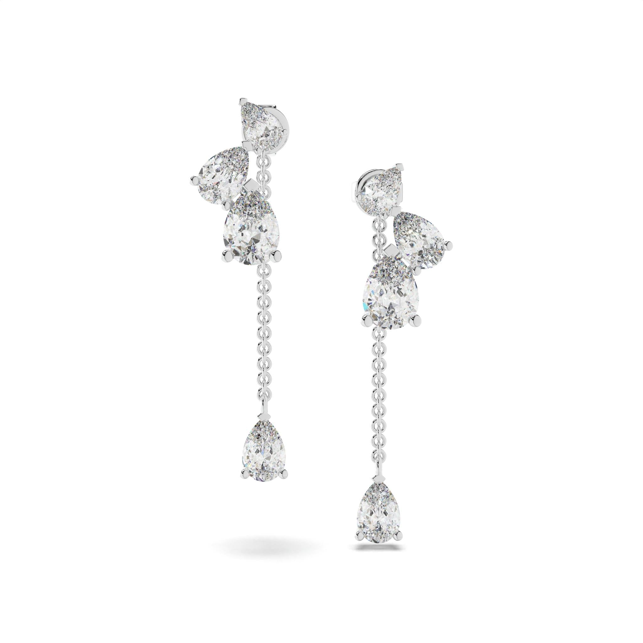 Premium pear cut diamond chain drop earrings luxury design, Sparkling natural diamond long drop earrings for women, Statement diamond dangle earrings with cascading pear diamonds, Fine diamond drop earrings luxury bridal jewelry piece