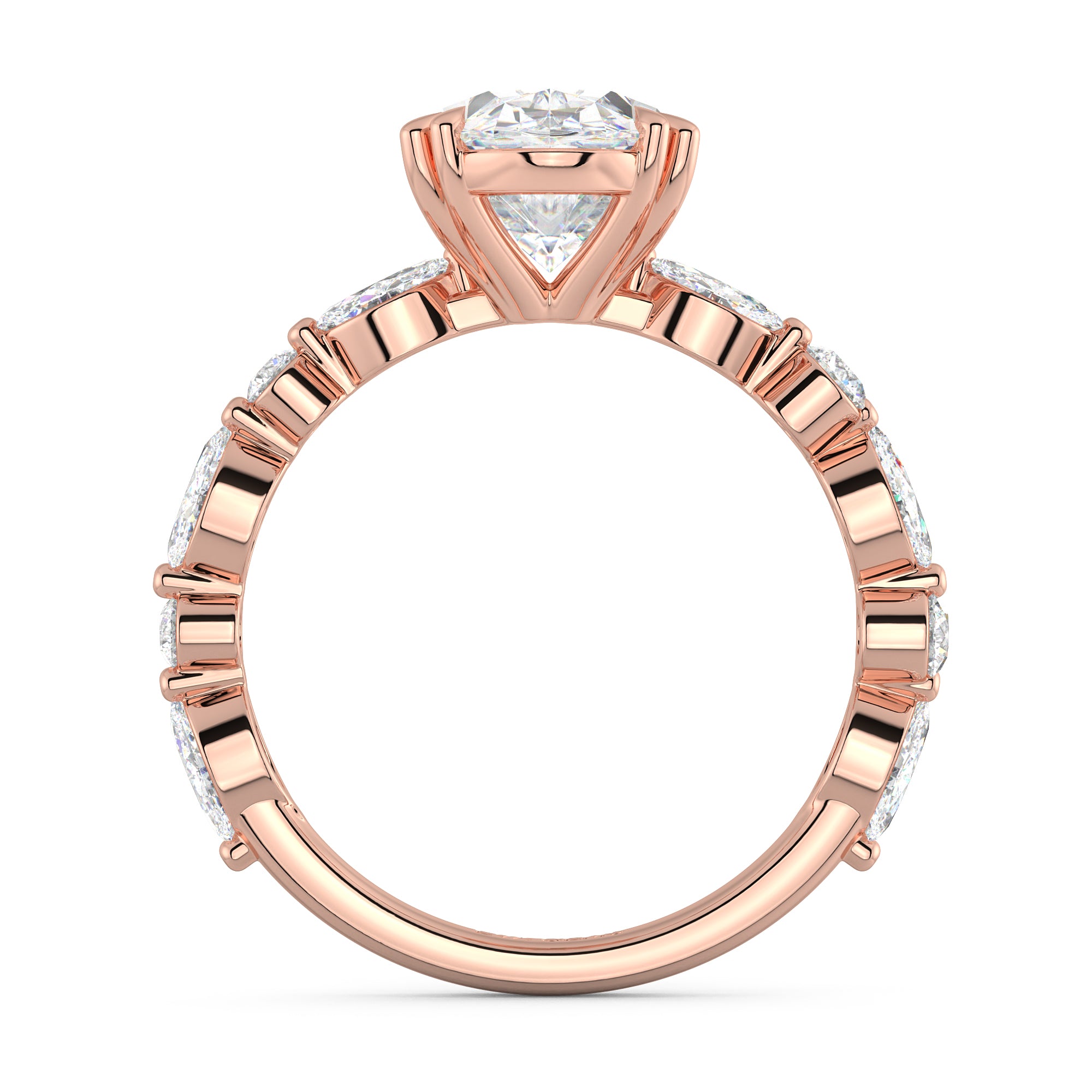 Side view of a luxury lab-grown diamond ring in Dubai with a stunning oval-cut centerpiece and sparkling side diamonds, ideal for bespoke jewelry lovers.