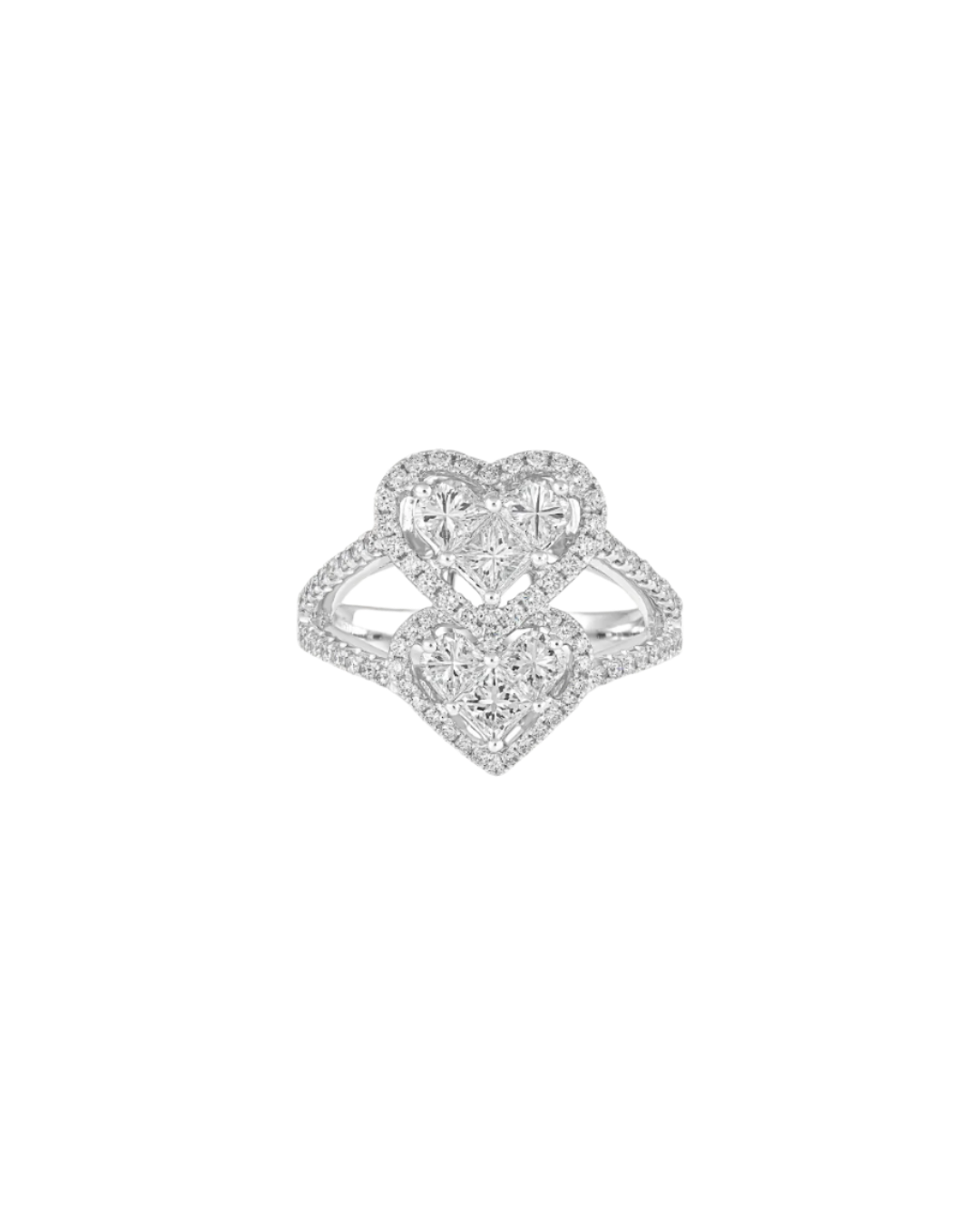 18K white gold heart diamond ring Dubai, double heart diamond ring EVA GEMS, 1.64 carat custom diamond ring, bespoke diamond engagement ring UAE, romantic diamond ring design Dubai
