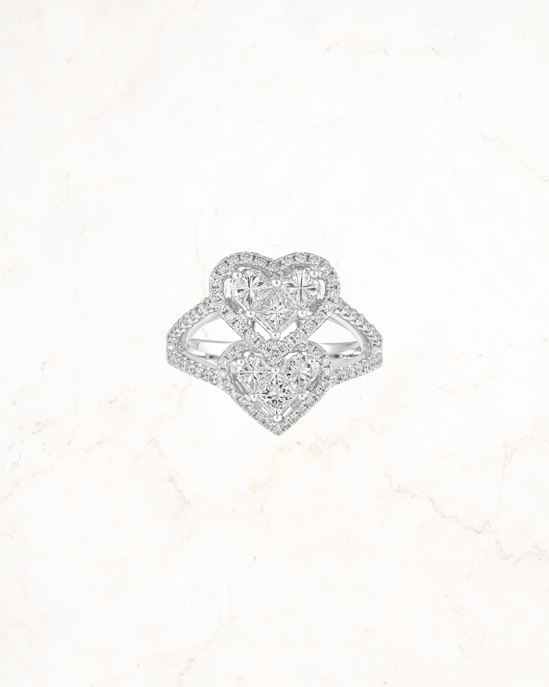18K white gold heart diamond ring Dubai, double heart diamond ring EVA GEMS, 1.64 carat custom diamond ring, bespoke diamond engagement ring UAE, romantic diamond ring design Dubai