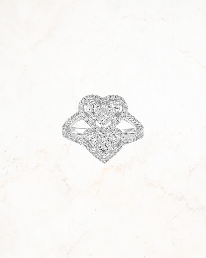 18K white gold heart diamond ring Dubai, double heart diamond ring EVA GEMS, 1.64 carat custom diamond ring, bespoke diamond engagement ring UAE, romantic diamond ring design Dubai