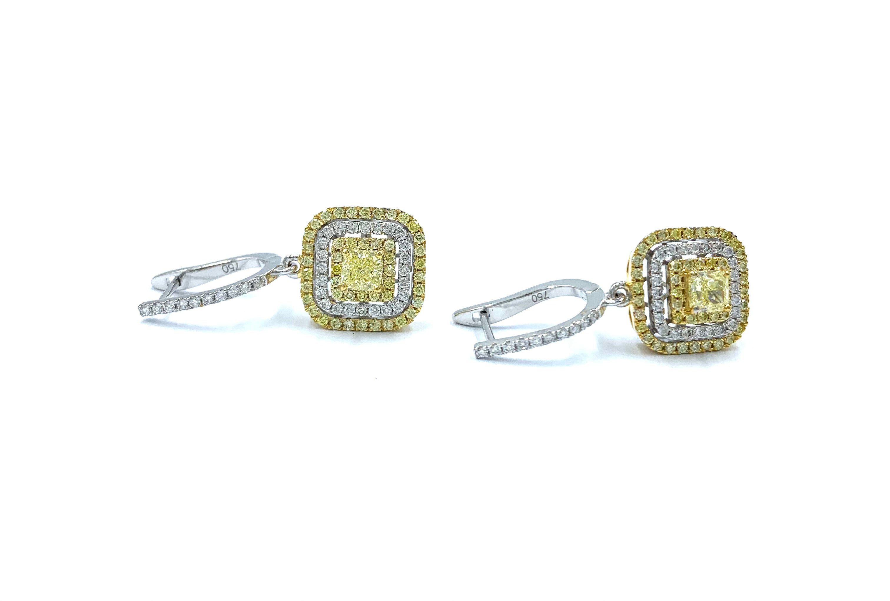 Cushion shape fancy yellow diamond earring
