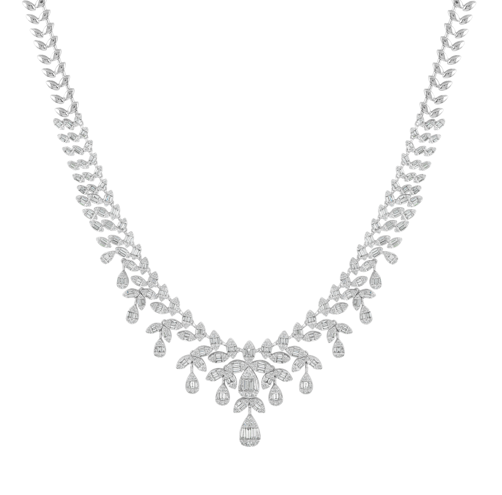 diamond floral necklace in white gold, luxury bridal diamond necklace, 18K white gold statement necklace, pear and marquise diamond necklace, EVA GEMS Dubai diamond jewelry, high-end wedding necklace design, 
