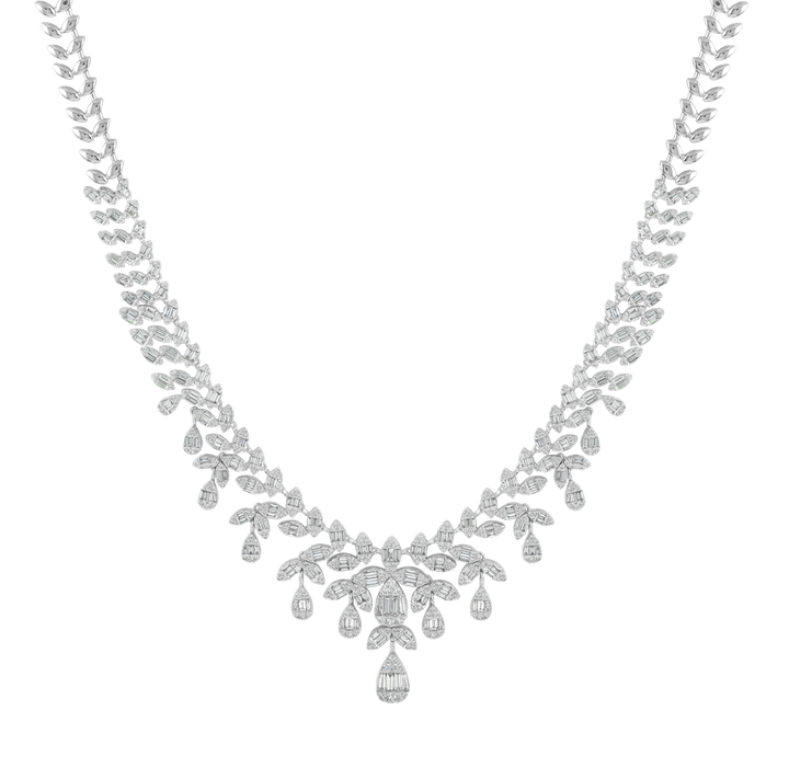 diamond floral necklace in white gold, luxury bridal diamond necklace, 18K white gold statement necklace, pear and marquise diamond necklace, EVA GEMS Dubai diamond jewelry, high-end wedding necklace design, 