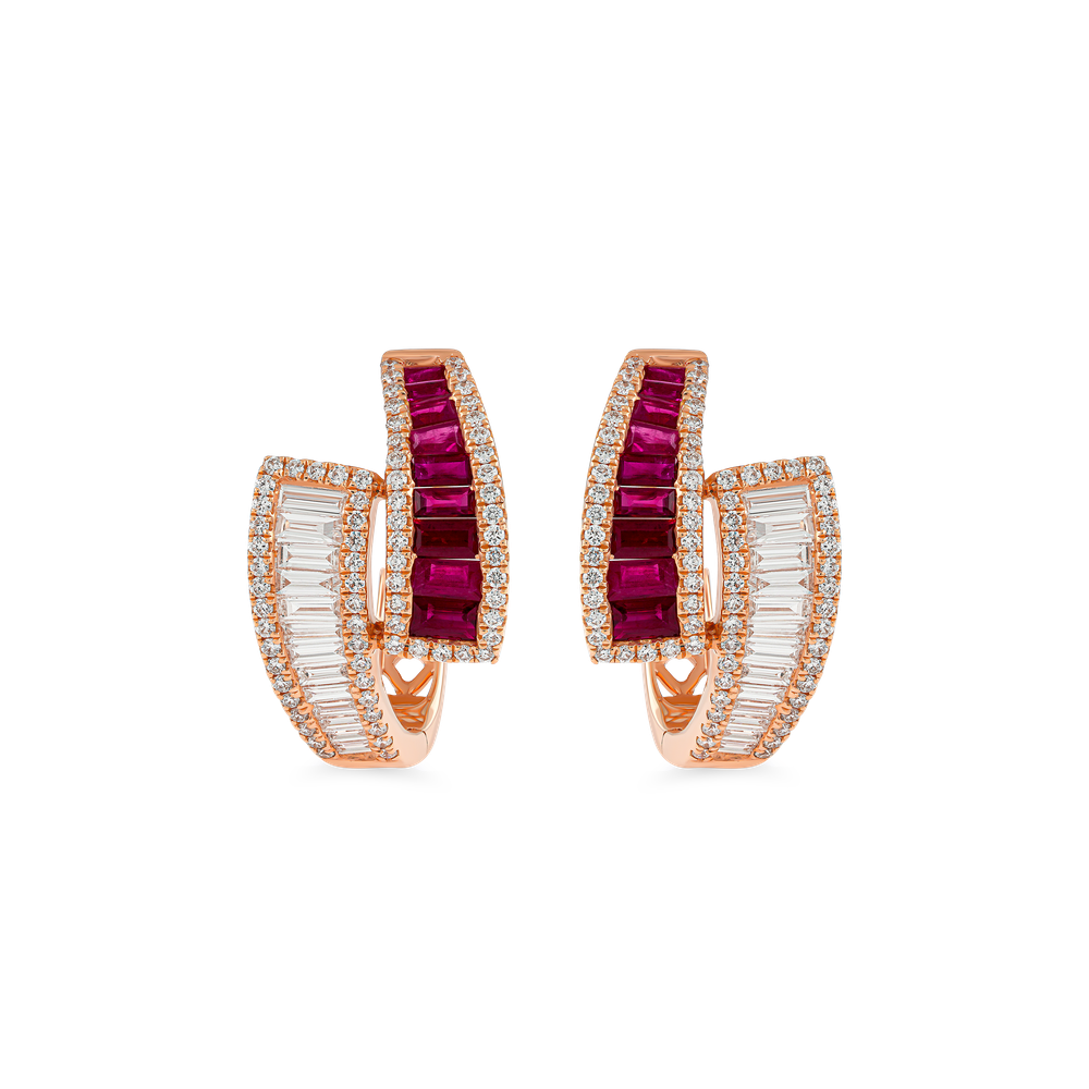ruby and diamond hoop earrings, 18K rose gold gemstone earrings, luxury ruby earrings Dubai, baguette diamond hoop earrings, EVA GEMS ruby diamond jewelry, round and baguette diamond earrings, ruby channel set earrings, rose gold earrings with rubies and diamonds