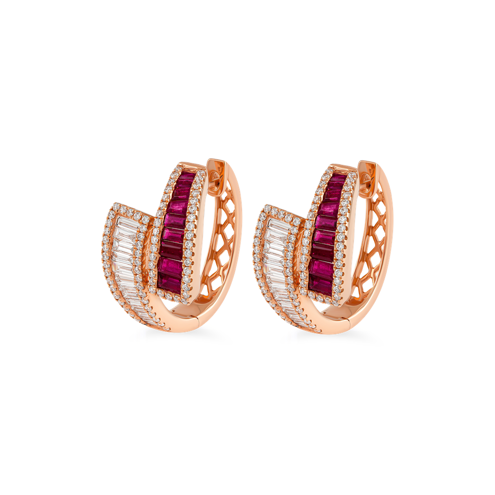 high-end gemstone earrings for women, statement ruby earrings in rose gold, bridal ruby diamond earrings, handcrafted gemstone hoop earrings, elegant evening earrings Dubai, luxury gemstone jewelry from EVA GEMS