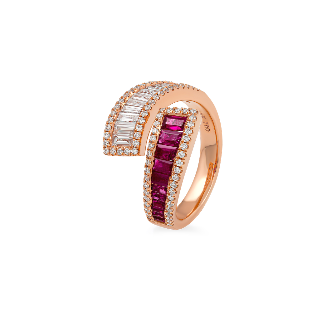 ruby and baguette diamond jewelry, fine jewelry ring from EVA GEMS, anniversary ruby diamond ring, ruby ring for gifting occasions, artistic wrap ring with channel-set rubies, wedding guest ruby diamond ring, fashion-forward ruby band ring, bold gemstone jewelry piece Dubai, luxury ruby ring EVA GEMS