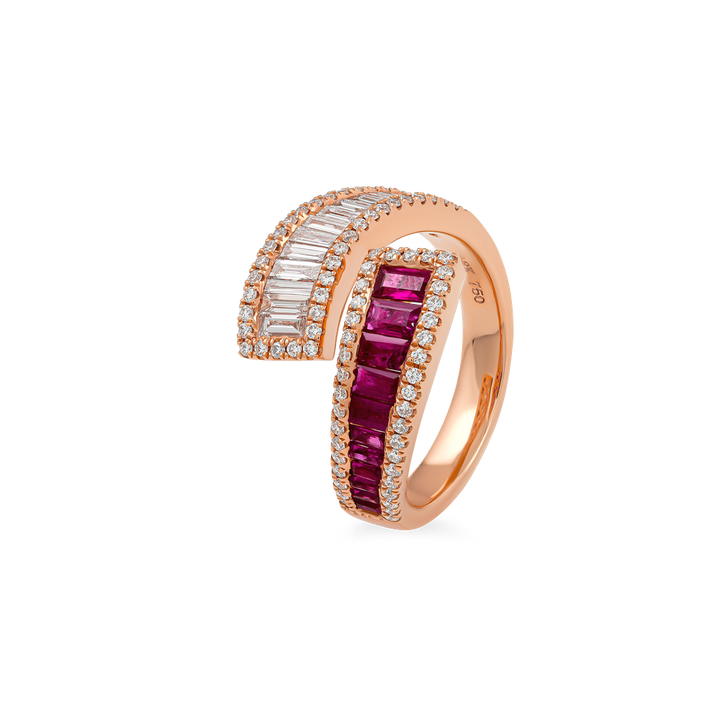 ruby and baguette diamond jewelry, fine jewelry ring from EVA GEMS, anniversary ruby diamond ring, ruby ring for gifting occasions, artistic wrap ring with channel-set rubies, wedding guest ruby diamond ring, fashion-forward ruby band ring, bold gemstone jewelry piece Dubai, luxury ruby ring EVA GEMS