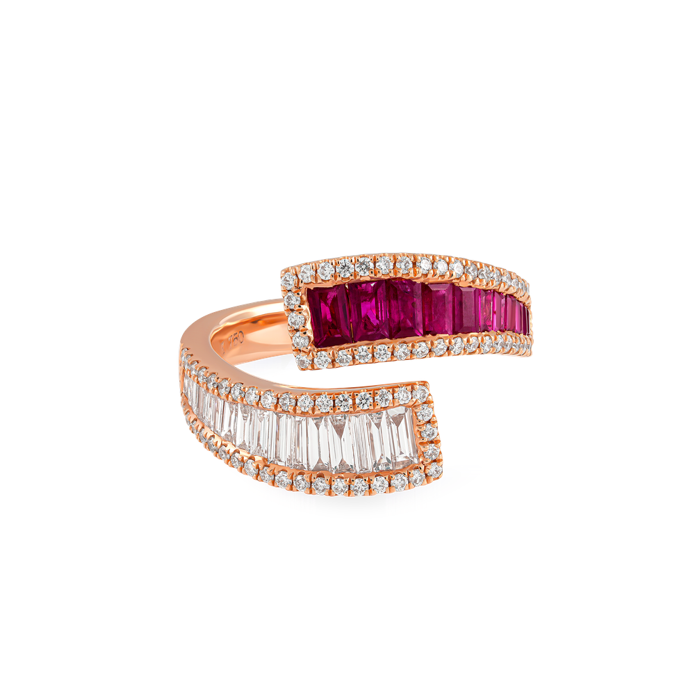 ruby and diamond wrap ring, 18K rose gold designer ring, gemstone open ring for women, ruby baguette diamond ring, EVA GEMS luxury jewelry, ruby diamond cocktail ring, rose gold ruby band