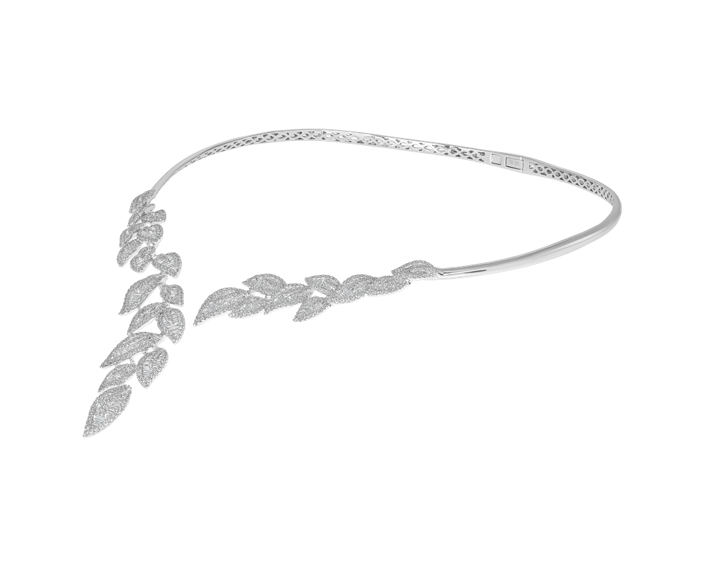 wedding choker with diamonds, unique leaf motif necklace, EVA GEMS Dubai diamond jewelry, glamorous statement necklace with diamonds, floral-inspired diamond choker, neck-hugging designer diamond necklace