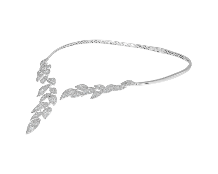 wedding choker with diamonds, unique leaf motif necklace, EVA GEMS Dubai diamond jewelry, glamorous statement necklace with diamonds, floral-inspired diamond choker, neck-hugging designer diamond necklace