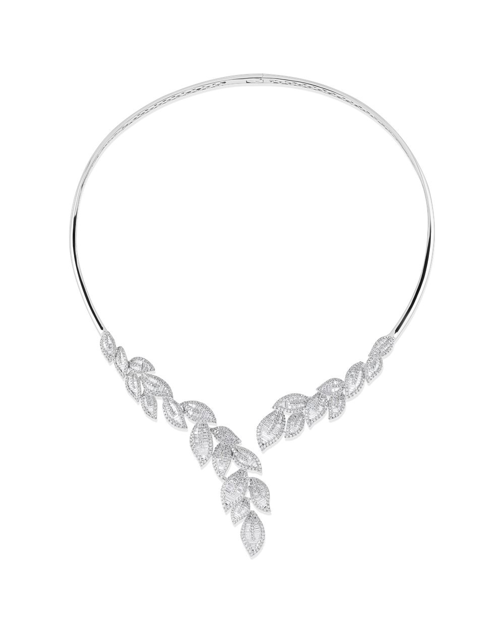 brilliant cut diamond leaf necklace, baguette and round diamond choker, exclusive diamond necklace design, minimal yet luxurious leaf necklace, feminine diamond neckpiece, artistic diamond necklace craftsmanship