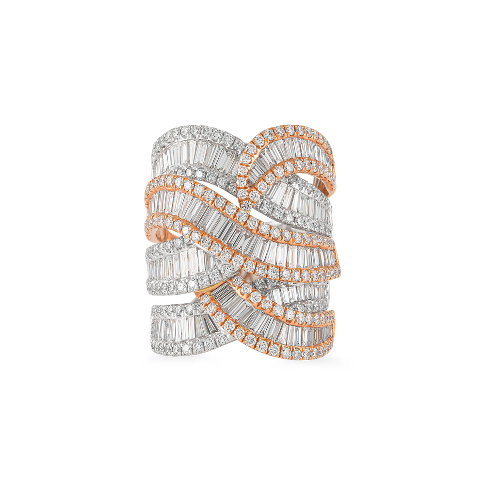 two-tone diamond cocktail ring, rose gold and white gold diamond ring, luxury statement ring for women, baguette diamond wave ring, glamorous cocktail ring design, diamond band ring for parties