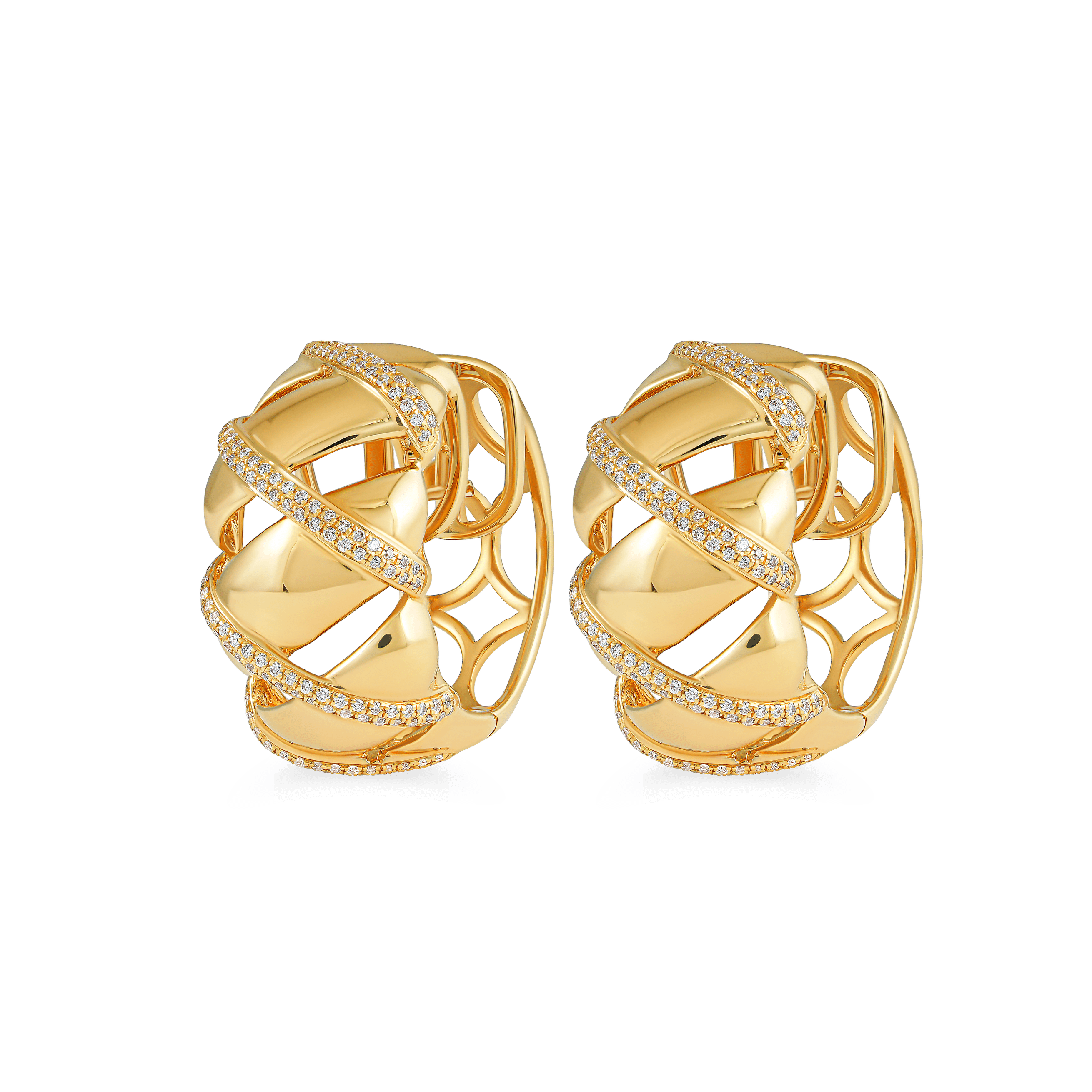 gold diamond earrings Dubai, 18k yellow gold pavé earrings EVA GEMS, sculpted designer earrings handcrafted in Dubai, statement gold earrings with diamonds, artistic diamond earrings for women UAE, luxury gold lattice earrings EVA GEMS, bold yellow gold earrings with pavé detailing, 0.45 carat diamond earrings Dubai