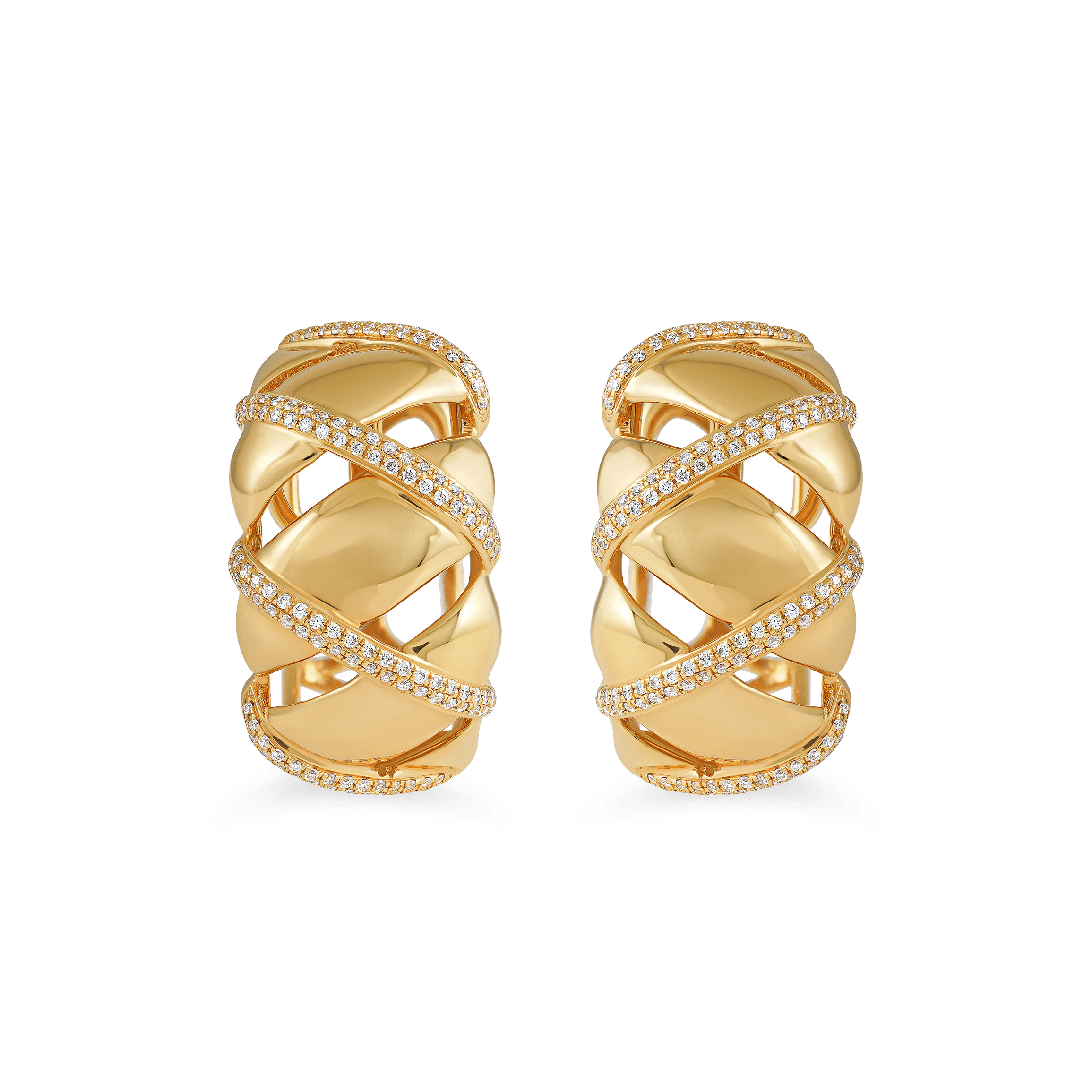 modern geometric earrings in gold, openwork gold earrings for evening wear, handcrafted gold earrings EVA GEMS Dubai, unique diamond earrings from Dubai jewellers, high-end yellow gold earrings with diamonds, designer luxury earrings UAE