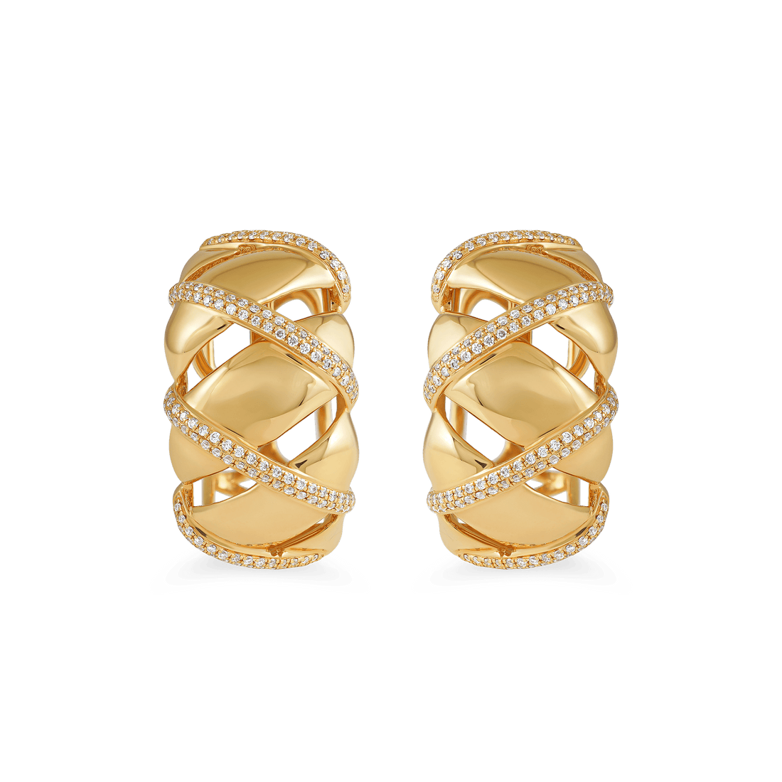 modern geometric earrings in gold, openwork gold earrings for evening wear, handcrafted gold earrings EVA GEMS Dubai, unique diamond earrings from Dubai jewellers, high-end yellow gold earrings with diamonds, designer luxury earrings UAE