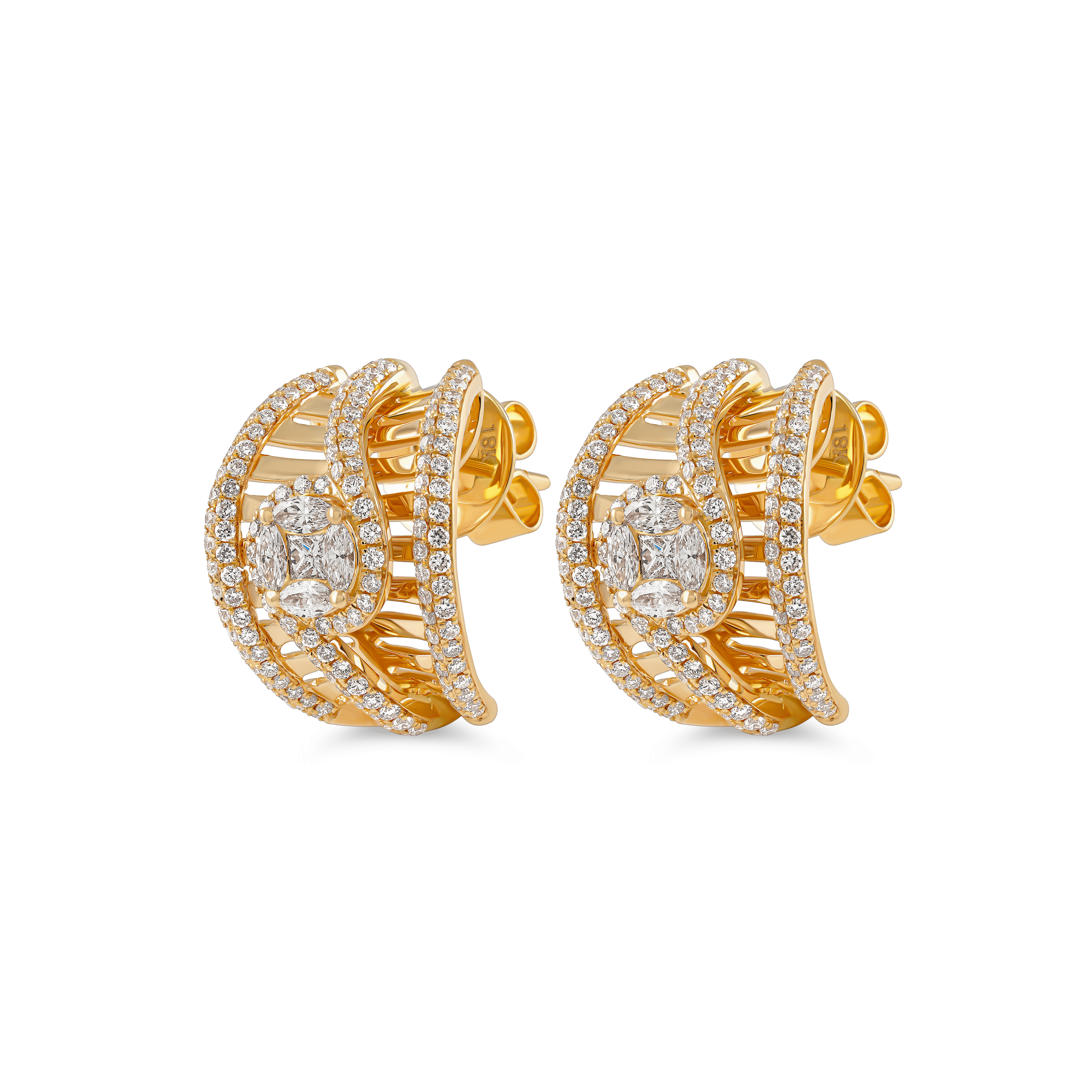luxury diamond earrings Dubai, 18k yellow gold earrings EVA GEMS, openwork gold earrings with diamonds, designer statement earrings handcrafted in Dubai, bold marquise cut diamond earrings, bridal diamond earrings yellow gold, elegant Dubai evening earrings EVA GEMS, high-end gold diamond earrings UAE