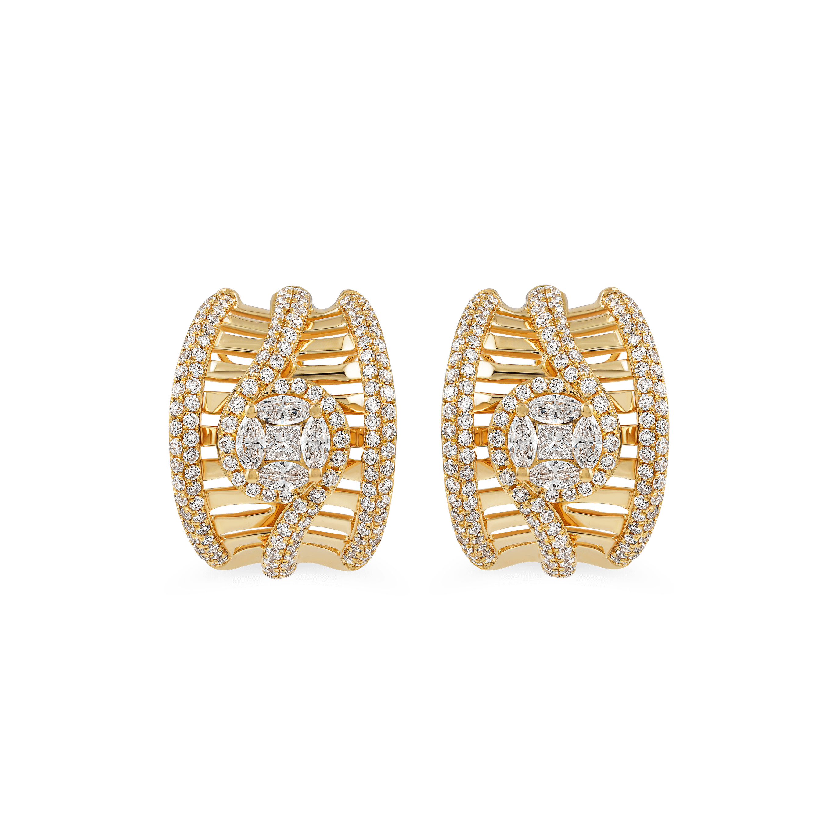 luxury party earrings with pavé diamonds, 1.72 carat diamond earrings EVA GEMS, sculpted yellow gold earrings with center stones, artistic diamond earrings Dubai jewelry, glamorous gold earrings for special occasions, EVA GEMS signature collection earrings
