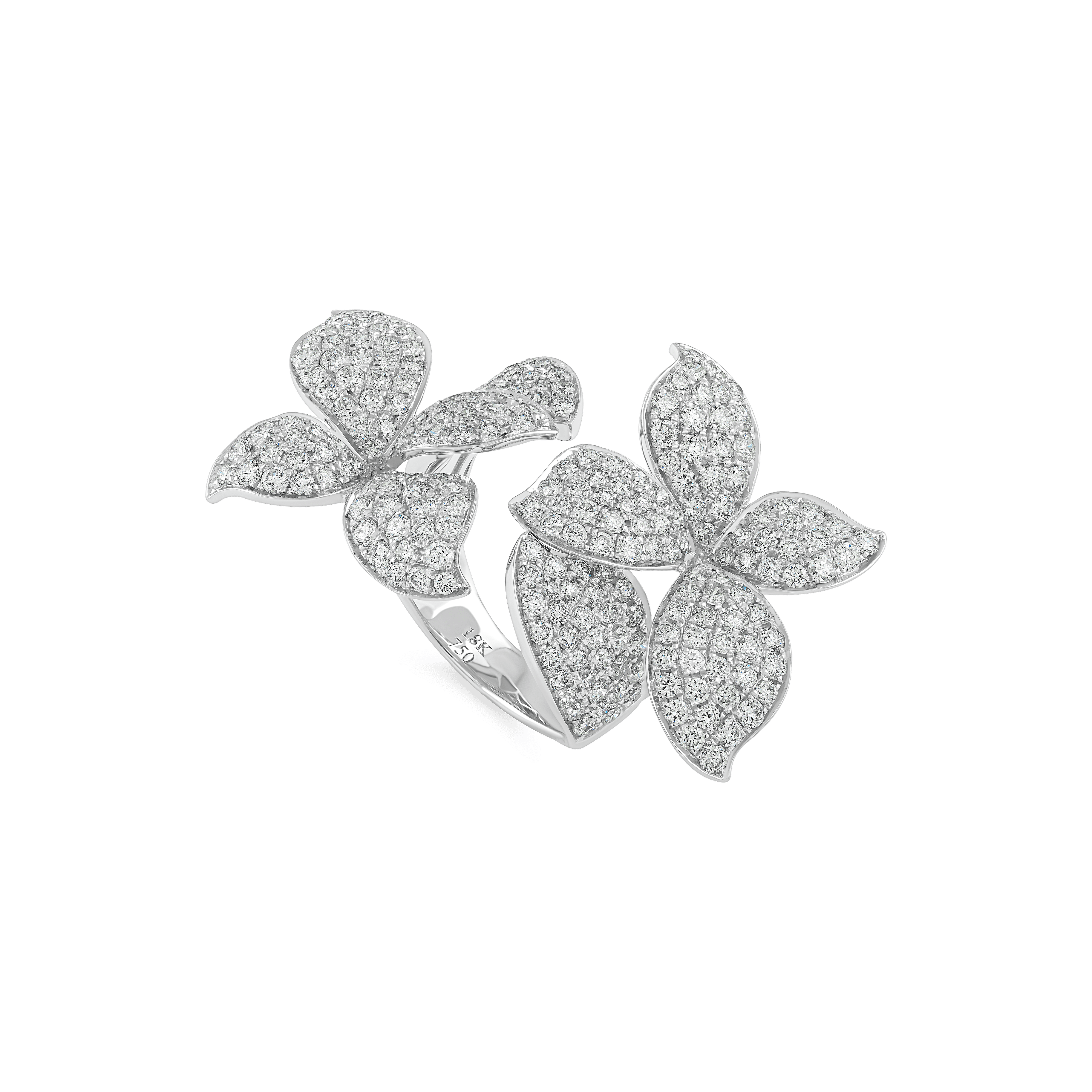 floral diamond ring 18k white gold Dubai, designer diamond flower ring EVA GEMS, luxury floral ring with pavé diamonds, double bloom diamond ring in white gold, handcrafted diamond ring for proposals Dubai, elegant floral motif ring EVA GEMS Dubai, 18k diamond cluster ring from EVA GEMS