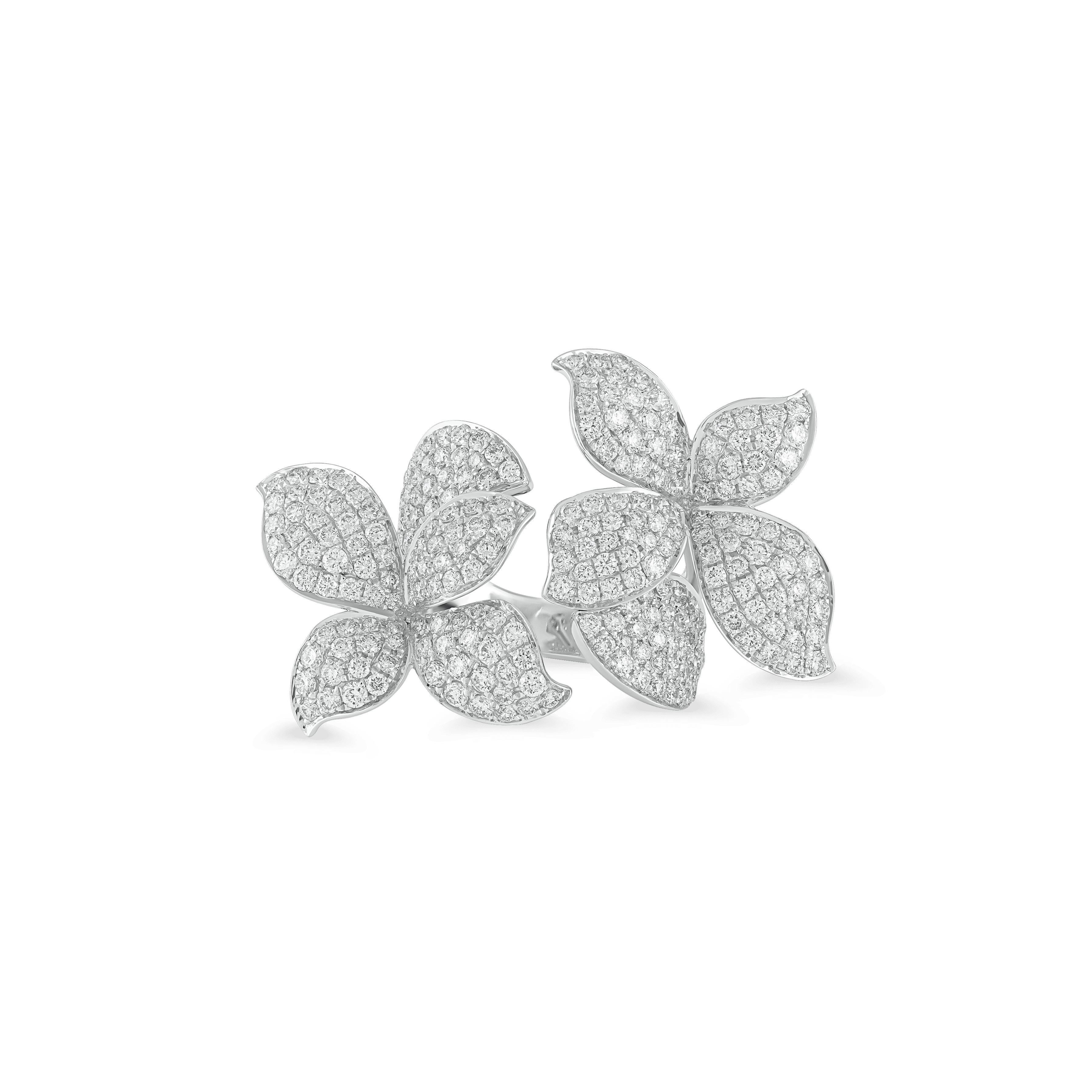 4.47 carat floral diamond ring EVA GEMS, mirror-polished diamond ring Dubai luxury, 18k gold comfort-fit flower ring design, luxury jewelry handcrafted in Dubai, pavé diamond engagement ring with flowers, artistic designer ring from EVA GEMS Dubai, custom gold floral diamond ring UAE