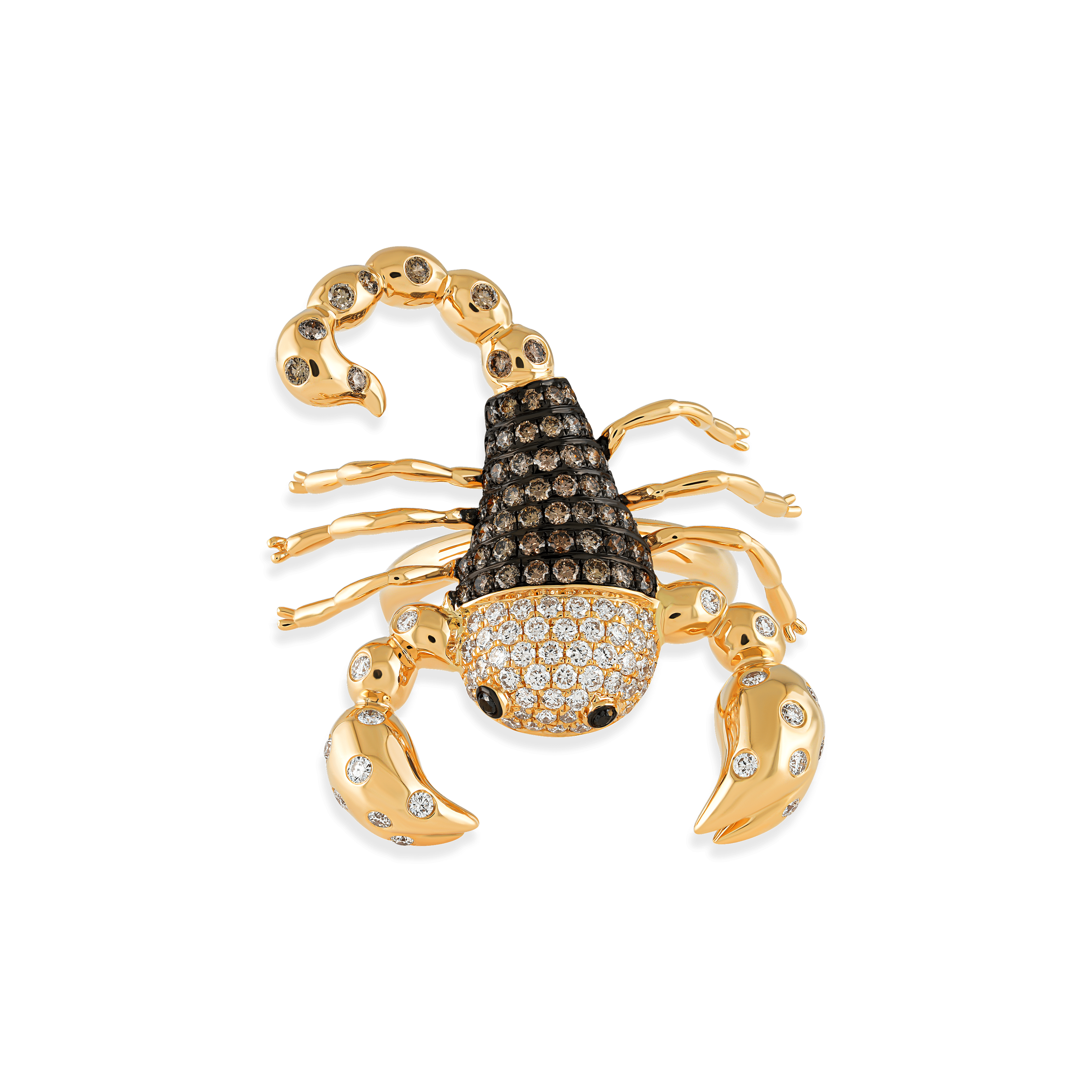 18K yellow gold scorpion ring with diamond detailing, luxury jewelry by EVA GEMS, bold scorpion ring for men and women, 1.49 carats diamond ring, unique animal-inspired jewelry, high-polish scorpion ring design, custom jewelry from Dubai, diamond-studded scorpion ring for special occasions