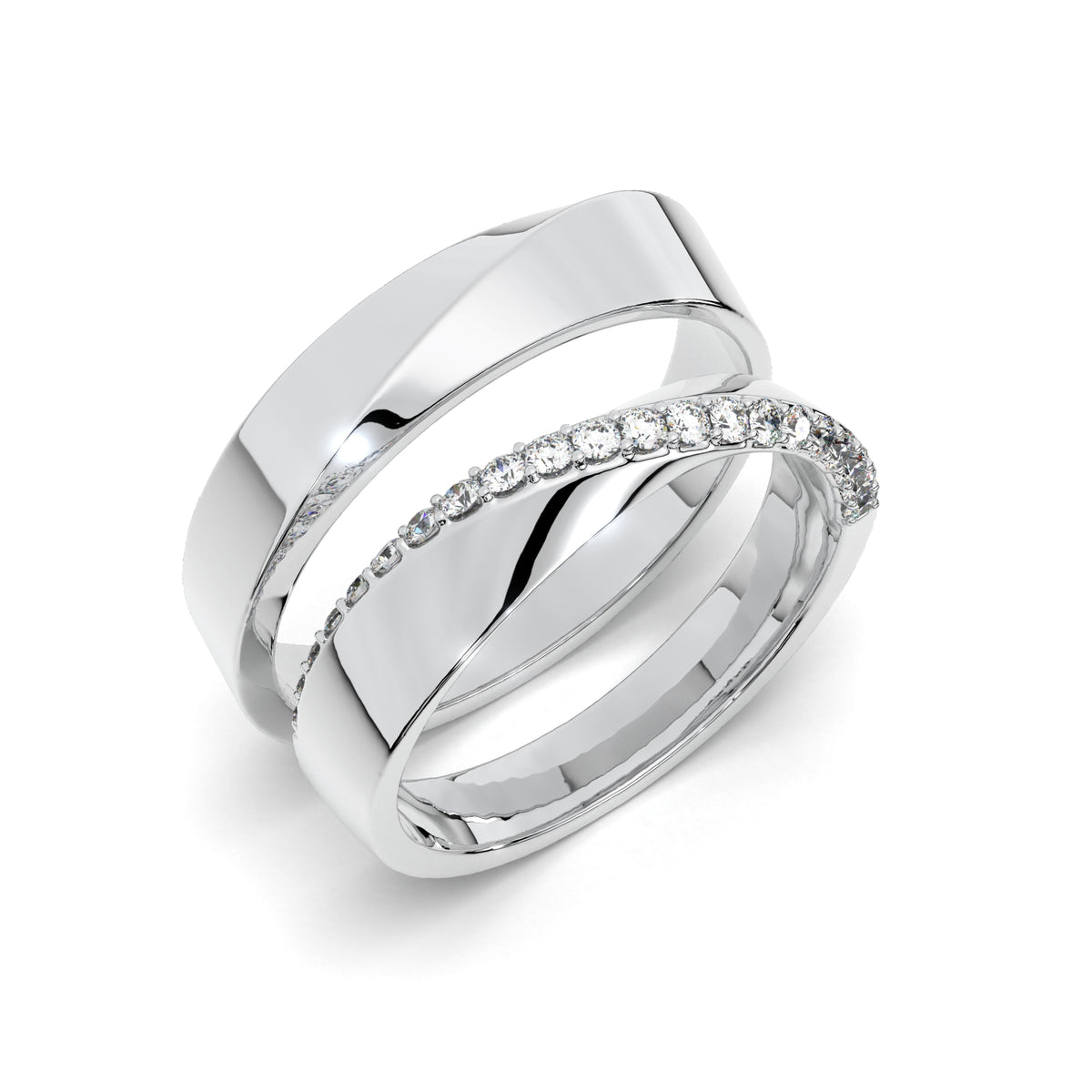Luxury matching wedding rings with diamonds,
White gold couple bands with diamond row