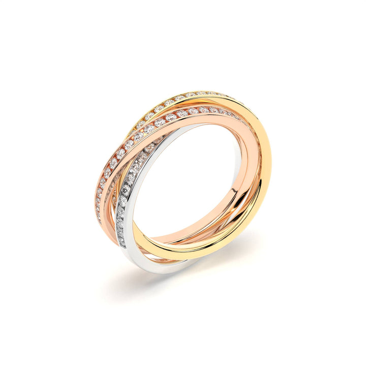 Tri tone diamond interlocking ring 2.75 carats luxury design, White yellow rose gold diamond multi band ring, Luxury tri color gold diamond statement ring 2.75 carats