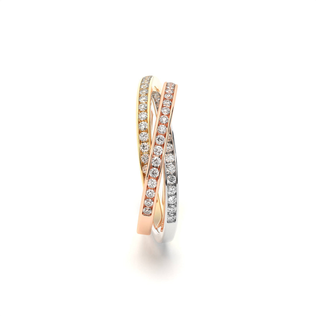Elegant layered diamond ring white rose yellow gold, Modern luxury diamond interlocking band ring