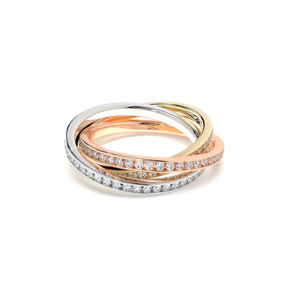 Interwoven diamond ring VVS VS clarity F G color, Designer tri tone diamond crossover ring for women, Fine jewelry multi band diamond ring tri color gold